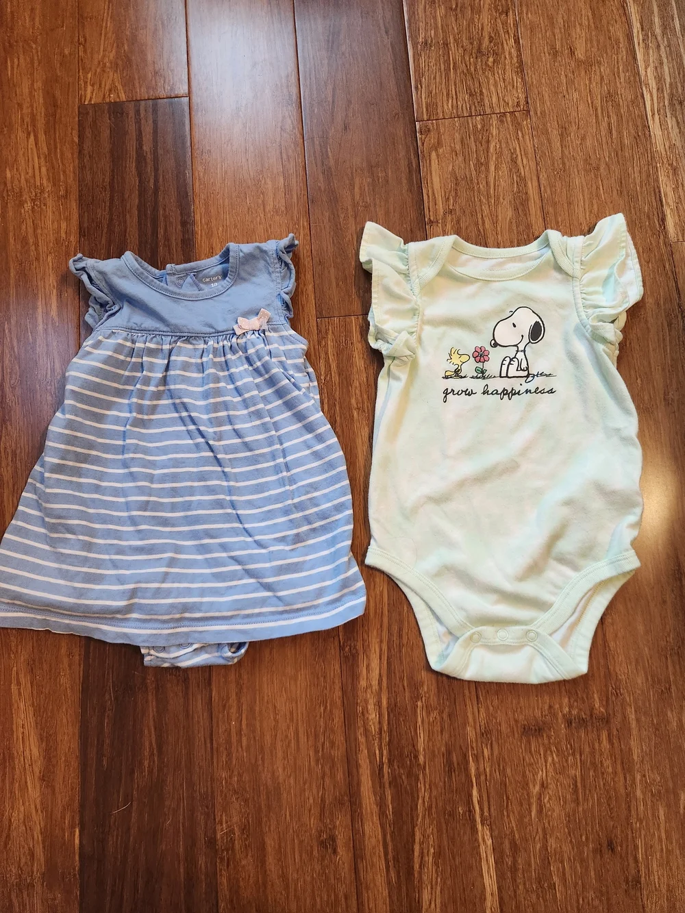 Baby Girl Summer Blue Striped Dress W/ Diaper Cover & Snoopy Bodysuit, 18 Months